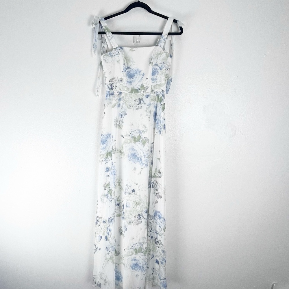 DESSY COLLECTION Bleu Garden Floral Shoulder Tie Front Split Chiffon Dress 2